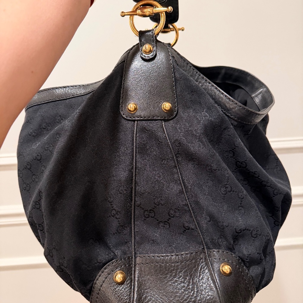 Vintage Gucci Black GG Canvas Leather Shoulder Bag Gold Hardware Women